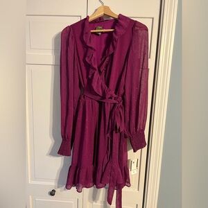 NWT Taylor Purple Plum Metallic Mini Dress 8 Ruffles Sheer Sleeves